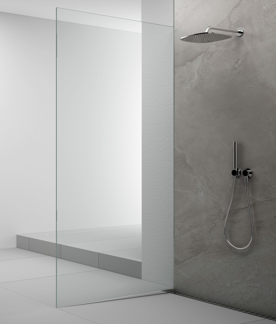 ARCHITEX sada pro uchycení skla podlaha-stěna se spádovou lištou, 1615x2105mm, levá, leštěný hliník AX2116L