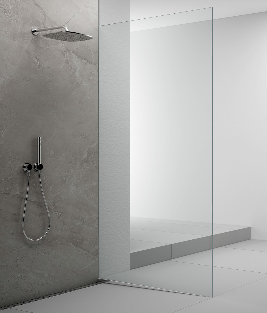 ARCHITEX sada pro uchycení skla podlaha-stěna se spádovou lištou, 1615x2105mm, pravá, leštěný hliník AX2116R