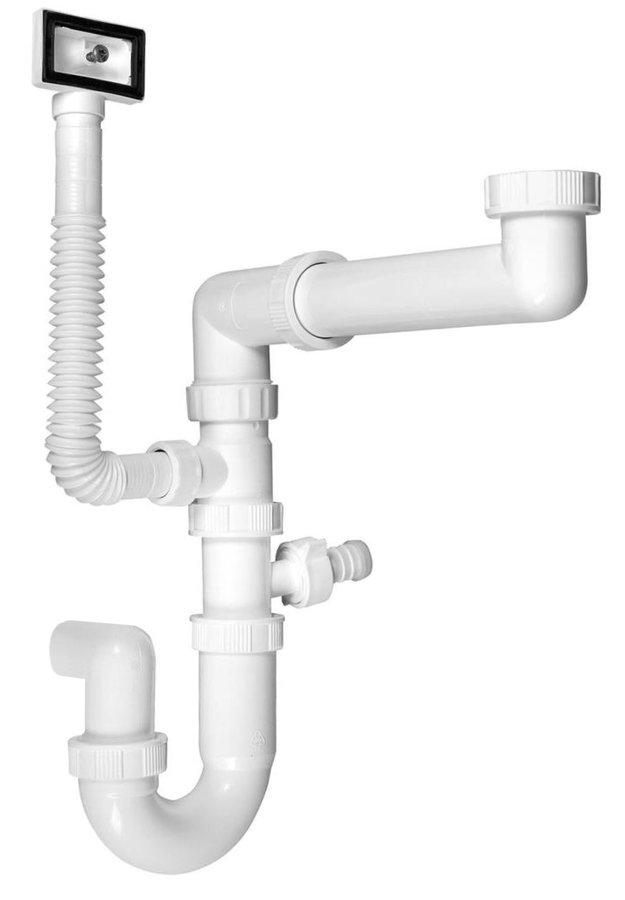 Dřezový sifon šetřící místo s přepadem a odbočkou 6/4