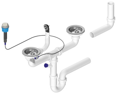 Dřezový sifon s přepadem, ovládáním a odbočkou, 6/4