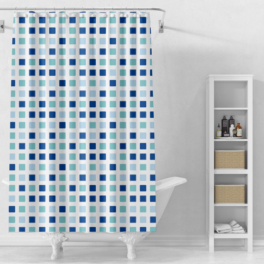 Sprchový závěs 180x180cm, vinyl, bílá, modré kostky ZV036