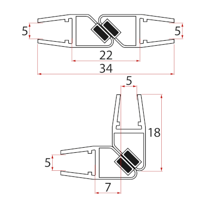 Set magnetických těsnění 45°pro sklo 5/5mm, 2000mm (2ks) MAG03