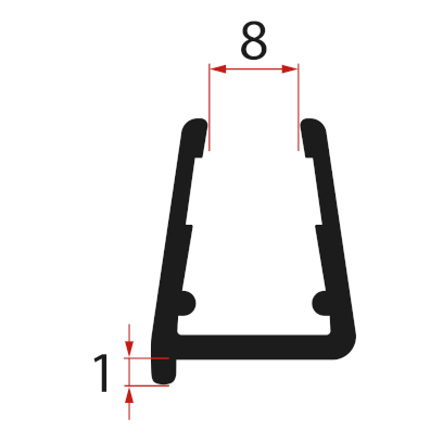 Spodní těsnění na pevné sklo  8mm, 1000mm, černá NDRL03B