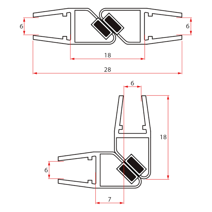 NDGS09 (46787) Set magnetických těsnění 45°pro sklo 6/6mm, 1900mm NDGS09